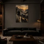Amber Horizon Motorcycle Garage Wall Art Canvas Print shown in a warm modern interior