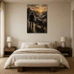 Amber Horizon Motorcycle Garage Wall Art Canvas Print showcased in an elegant minimalist interior