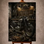 Aged bronze Motorcycle Garage Wall Art print featuring a restored vintage motorcycle in an artisan brick workshop