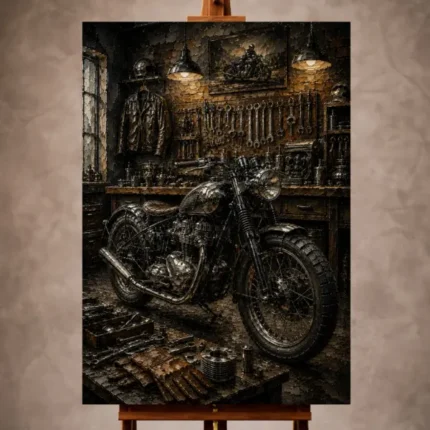 Aged bronze Motorcycle Garage Wall Art print featuring a restored vintage motorcycle in an artisan brick workshop