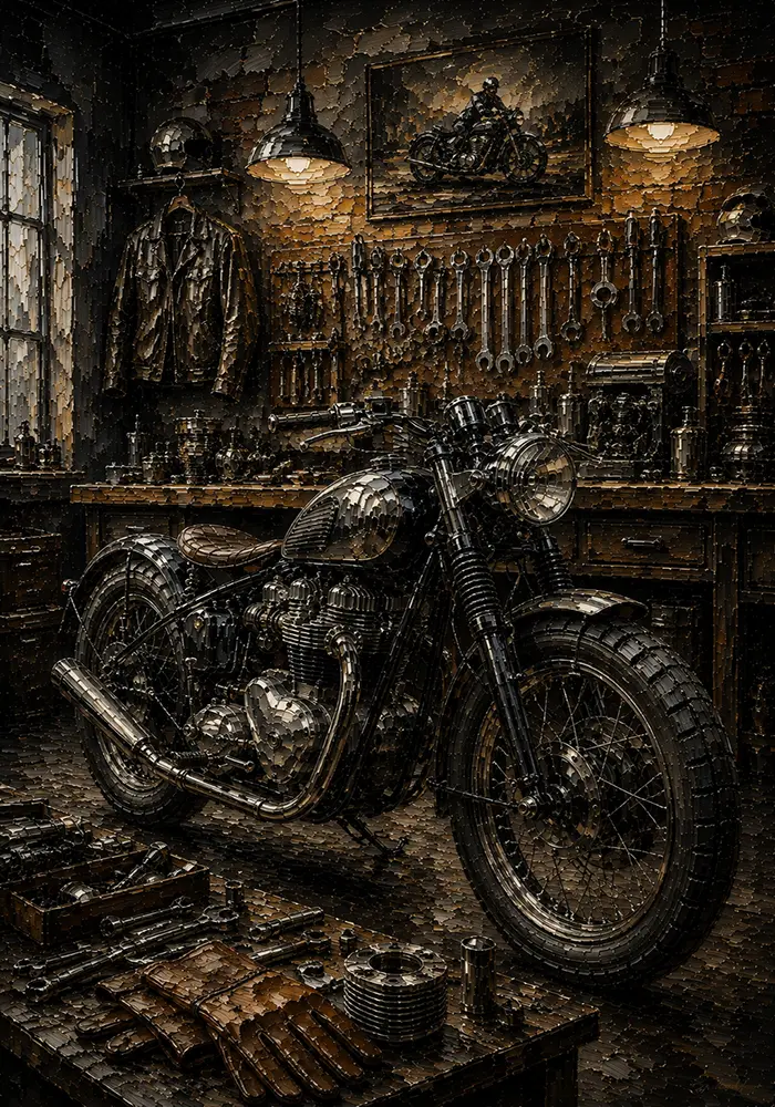Aged Bronze Restoration Studio Motorcycle Garage Wall Art Canvas Print