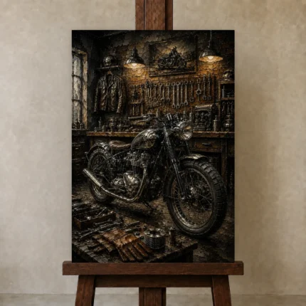 Aged Bronze Restoration Studio Motorcycle Garage Wall Art Canvas Print shown in Studio Easel
