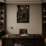 Aged Bronze Restoration Studio Motorcycle Garage Wall Art Canvas Print displayed in a contemporary gallery-inspired room