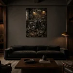 Aged Bronze Restoration Studio Motorcycle Garage Wall Art Canvas Print shown in a warm modern interior