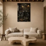 Aged Bronze Restoration Studio Motorcycle Garage Wall Art Canvas Print presented in a sophisticated home setting