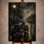 Rainlit Motorcycle Garage Wall Art print featuring a classic motorcycle silhouette beneath a streetlamp on wet cobblestones