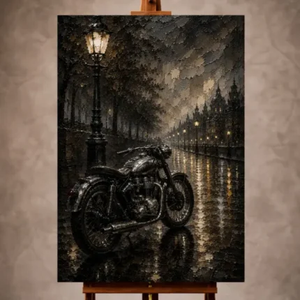 Rainlit Motorcycle Garage Wall Art print featuring a classic motorcycle silhouette beneath a streetlamp on wet cobblestones