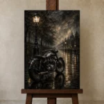 Rainlit Boulevard Motorcycle Garage Wall Art Canvas Print displayed on a studio easel