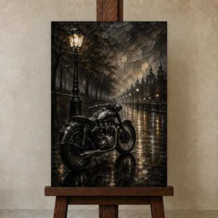 Rainlit Boulevard Motorcycle Garage Wall Art Canvas Print shown in Studio Easel