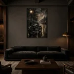 Rainlit Boulevard Motorcycle Garage Wall Art Canvas Print shown in a warm modern interior