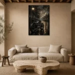 Rainlit Boulevard Motorcycle Garage Wall Art Canvas Print presented in a sophisticated home setting