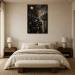 Rainlit Boulevard Motorcycle Garage Wall Art Canvas Print showcased in an elegant minimalist interior