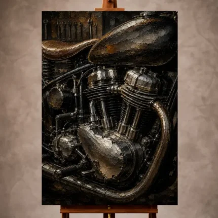 Antique silver Motorcycle Garage Wall Art print featuring a handcrafted engine with polished steel cylinders and leather details