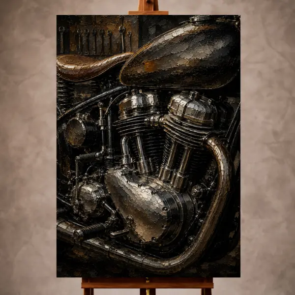 Premium Wall Art Dikey Html Edition – THECİNEMAGARA055 Image 1 Antique silver Motorcycle Garage Wall Art print featuring a handcrafted engine with polished steel cylinders and leather details