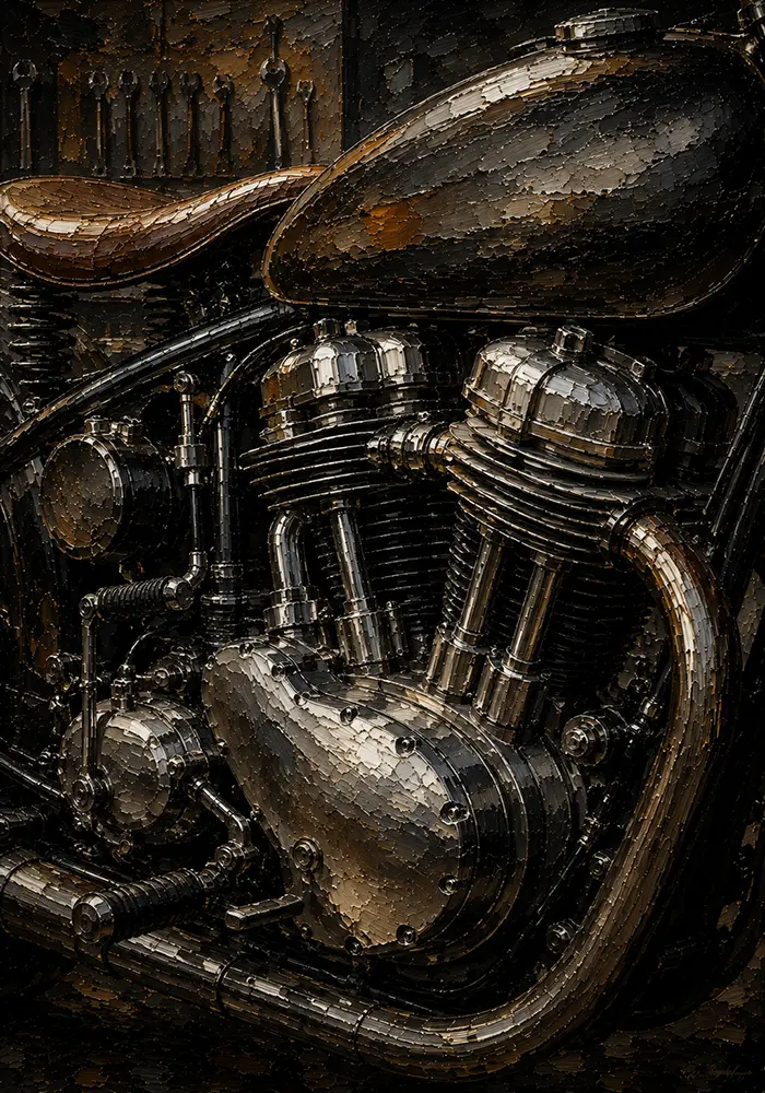 Antique Silver Engine Motorcycle Garage Wall Art Canvas Print