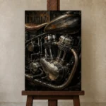 Antique Silver Engine Motorcycle Garage Wall Art Canvas Print displayed on a studio easel