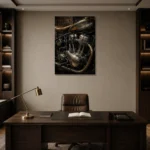 Antique Silver Engine Motorcycle Garage Wall Art Canvas Print displayed in a contemporary gallery-inspired room