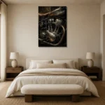 Antique Silver Engine Motorcycle Garage Wall Art Canvas Print showcased in an elegant minimalist interior