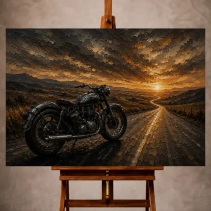 Muted amber Motorcycle Garage Wall Art print featuring a classic motorcycle silhouetted against an open highway at sunset
