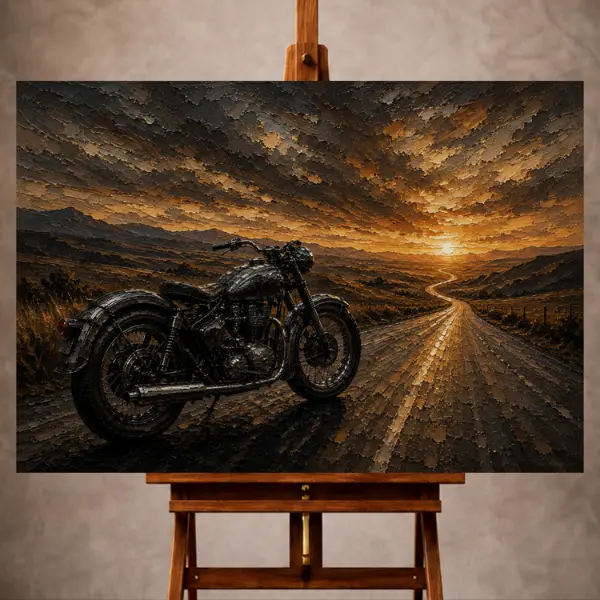 Premium Wall Art Yatay Html Edition – THECİNEMAGARA056 Image 1 Muted amber Motorcycle Garage Wall Art print featuring a classic motorcycle silhouetted against an open highway at sunset
