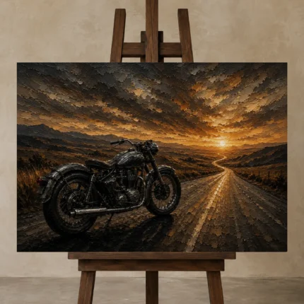 Muted Amber Highway Motorcycle Garage Wall Art Canvas Print displayed on a studio easel