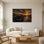 Muted Amber Highway Motorcycle Garage Wall Art Canvas Print styled in a refined neutral interior
