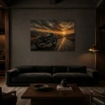 Muted Amber Highway Motorcycle Garage Wall Art Canvas Print shown in a warm modern interior