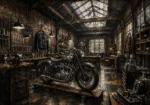 Brushed Silver Workshop Motorcycle Garage Wall Art Canvas Print