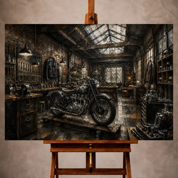 Premium Wall Art Yatay Html Edition – THECİNEMAGARA057 Image 1 Brushed silver Motorcycle Garage Wall Art print featuring a restored vintage motorcycle in an expansive artisan workshop