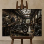 Brushed Silver Workshop Motorcycle Garage Wall Art Canvas Print displayed on a studio easel