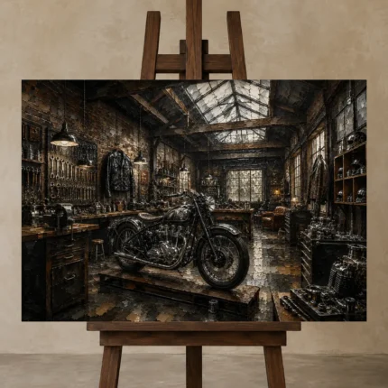 Brushed Silver Workshop Motorcycle Garage Wall Art Canvas Print shown in Studio Easel