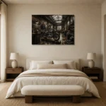 Brushed Silver Workshop Motorcycle Garage Wall Art Canvas Print showcased in an elegant minimalist interior
