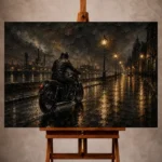 Soft bronze Motorcycle Garage Wall Art print featuring a lone motorcycle silhouette on a rain-soaked boulevard at night