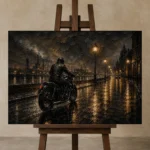 Soft Bronze Night Ride Motorcycle Garage Wall Art Canvas Print displayed on a studio easel