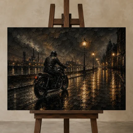 Soft Bronze Night Ride Motorcycle Garage Wall Art Canvas Print displayed on a studio easel