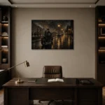 Soft Bronze Night Ride Motorcycle Garage Wall Art Canvas Print displayed in a contemporary gallery-inspired room