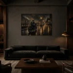 Soft Bronze Night Ride Motorcycle Garage Wall Art Canvas Print shown in a warm modern interior