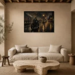 Soft Bronze Night Ride Motorcycle Garage Wall Art Canvas Print presented in a sophisticated home setting