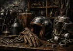 Antique Bronze Garage Still Life Motorcycle Garage Wall Art Canvas Print