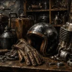 Antique Bronze Garage Still Life Motorcycle Garage Wall Art Canvas Print