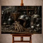 Antique bronze Motorcycle Garage Wall Art print featuring leather riding gear, steel engine components, fuel cans, and wooden shelves