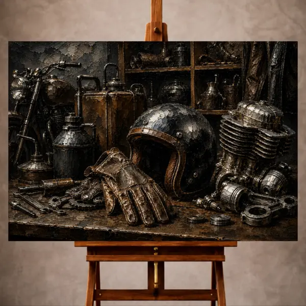 Premium Wall Art Yatay Html Edition – THECİNEMAGARA059 Image 1 Antique bronze Motorcycle Garage Wall Art print featuring leather riding gear, steel engine components, fuel cans, and wooden shelves