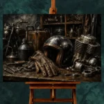 Antique Bronze Garage Still Life Motorcycle Garage Wall Art Canvas Print - Image 2