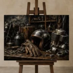 Antique Bronze Garage Still Life Motorcycle Garage Wall Art Canvas Print displayed on a studio easel