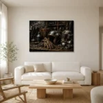 Antique Bronze Garage Still Life Motorcycle Garage Wall Art Canvas Print styled in a refined neutral interior