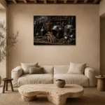 Antique Bronze Garage Still Life Motorcycle Garage Wall Art Canvas Print presented in a sophisticated home setting