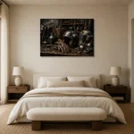 Antique Bronze Garage Still Life Motorcycle Garage Wall Art Canvas Print showcased in an elegant minimalist interior