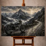 Cool slate Motorcycle Garage Wall Art print featuring a classic motorcycle beside a winding alpine road and misty mountain ranges
