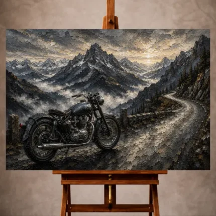 Cool slate Motorcycle Garage Wall Art print featuring a classic motorcycle beside a winding alpine road and misty mountain ranges