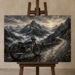 Brushed Chrome Alpine Motorcycle Garage Wall Art Canvas Print displayed on a studio easel
